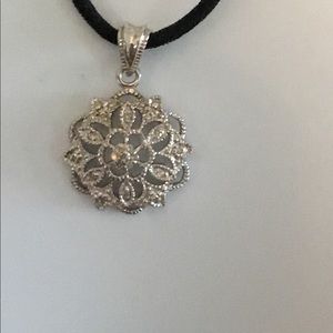 Sterling Silver and Diamond Snowflake Necklace on 18” Black Cord